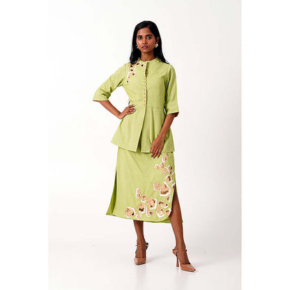 MADDER MUCH Cotton Green Mandarin Neck Solid/Plain Peplum Top With Skirt