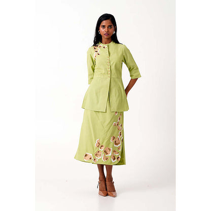 MADDER MUCH Cotton Green Mandarin Neck Solid/Plain Peplum Top With Skirt