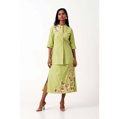 MADDER MUCH Cotton Green Mandarin Neck Solid/Plain Peplum Top With Skirt