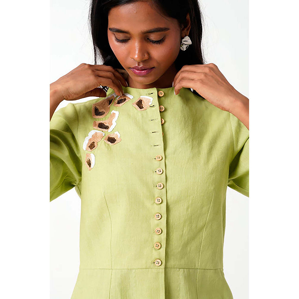 MADDER MUCH Cotton Green Mandarin Neck Solid/Plain Peplum Top With Skirt