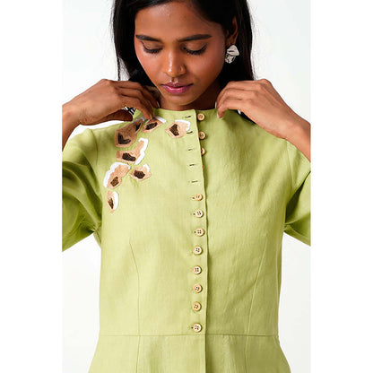 MADDER MUCH Cotton Green Mandarin Neck Solid/Plain Peplum Top With Skirt