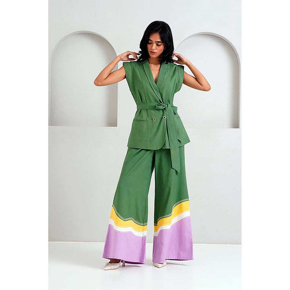 MADDER MUCH Cotton Green V-Neck Solid/Plain Top With Palazzo Co-Ord's