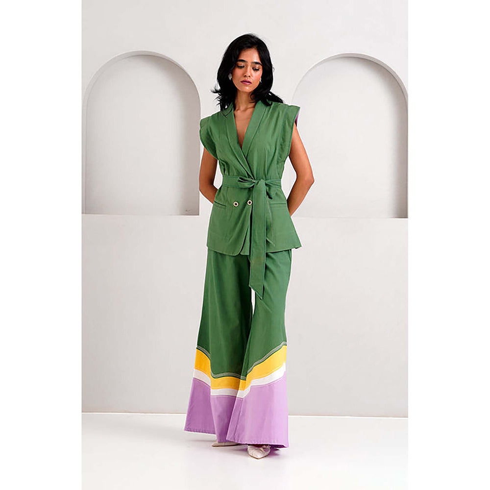 MADDER MUCH Cotton Green V-Neck Solid/Plain Top With Palazzo Co-Ord's