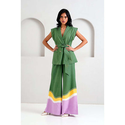 MADDER MUCH Cotton Green V-Neck Solid/Plain Top With Palazzo Co-Ord's