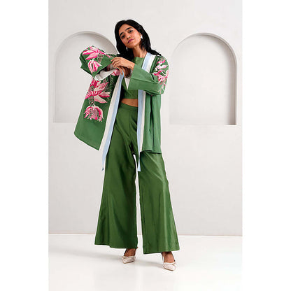 MADDER MUCH Cotton Green Crew Neck Floral Top With Palazzo And Jacket