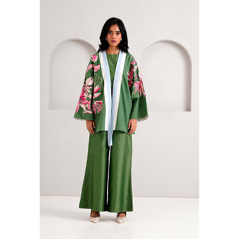 MADDER MUCH Cotton Green Crew Neck Floral Top With Palazzo And Jacket