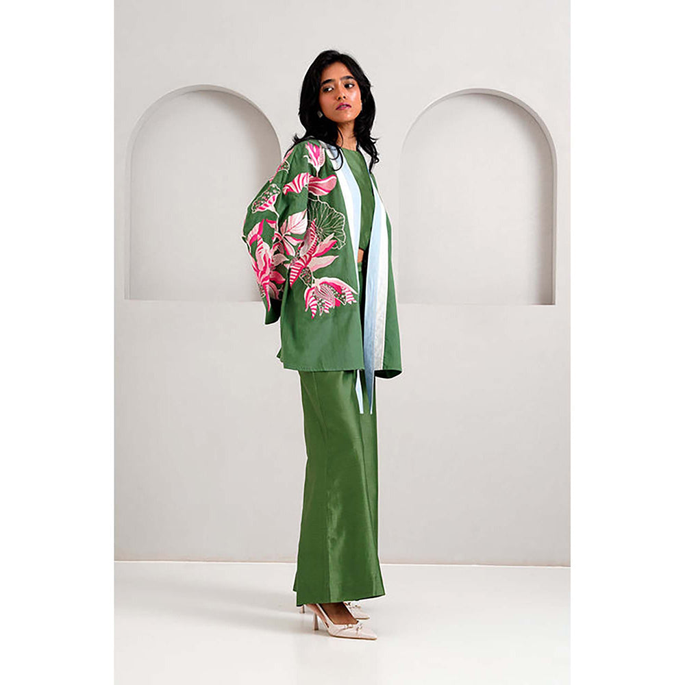 MADDER MUCH Cotton Green Crew Neck Floral Top With Palazzo And Jacket