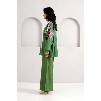 MADDER MUCH Cotton Green Crew Neck Floral Top With Palazzo And Jacket