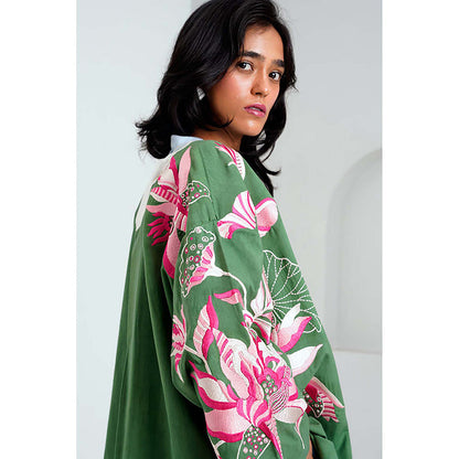 MADDER MUCH Cotton Green Crew Neck Floral Top With Palazzo And Jacket