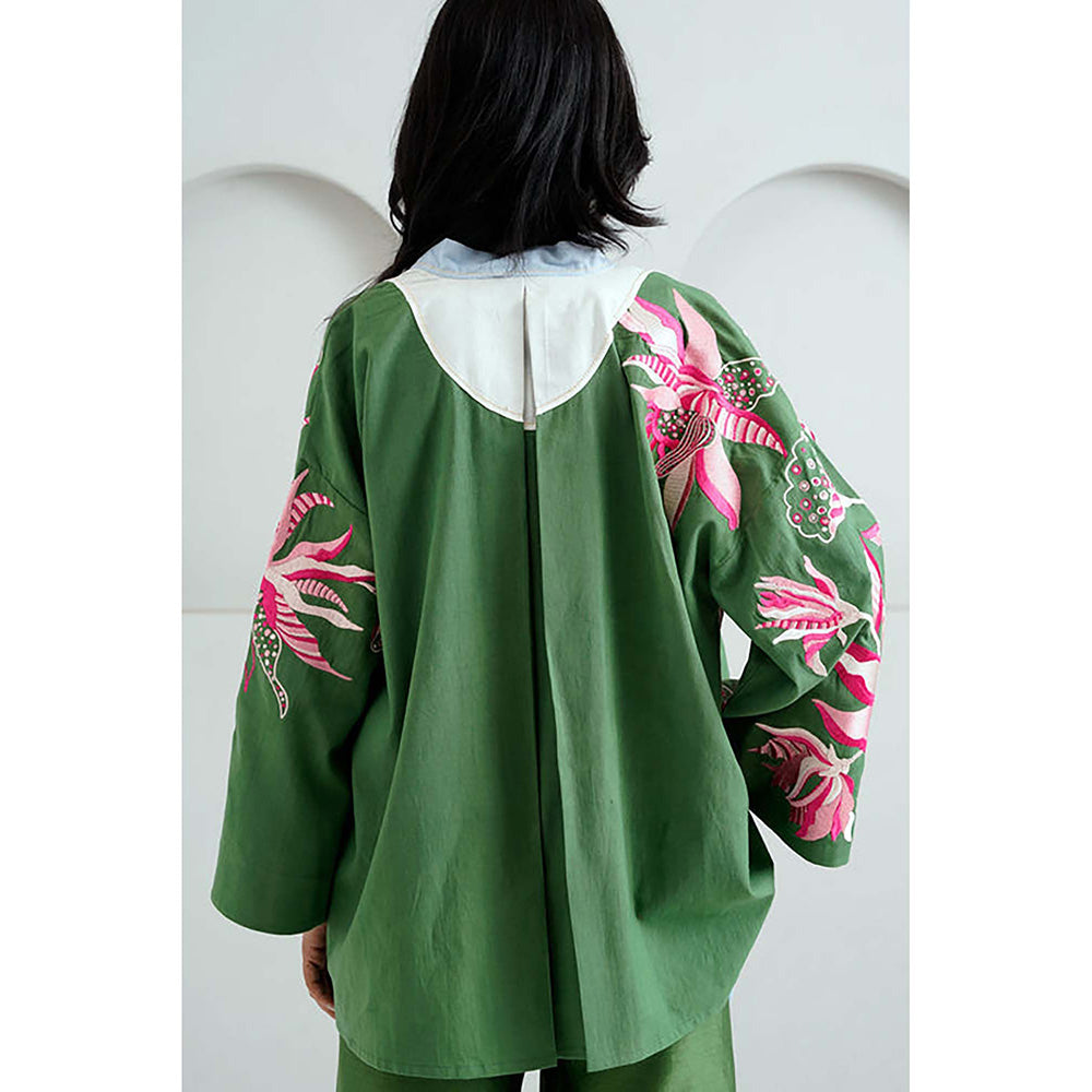 MADDER MUCH Cotton Green Crew Neck Floral Top With Palazzo And Jacket