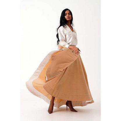 MADDER MUCH Cotton Beige Collar Neck Solid/Plain Top With Skirt