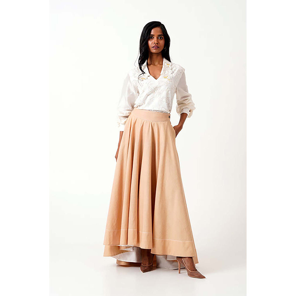 MADDER MUCH Cotton Beige Collar Neck Solid/Plain Top With Skirt