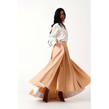 MADDER MUCH Cotton Beige Collar Neck Solid/Plain Top With Skirt