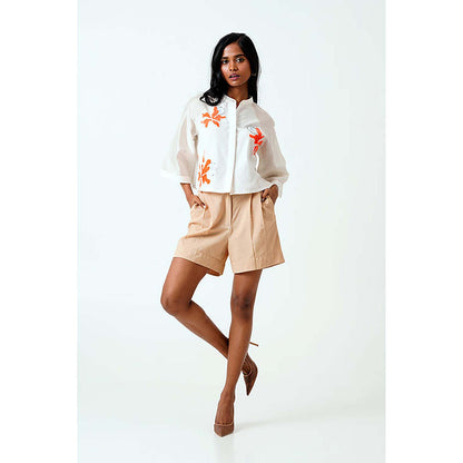 MADDER MUCH Cotton White Mandarin Neck Solid/Plain Shirt With Shorts Short Set