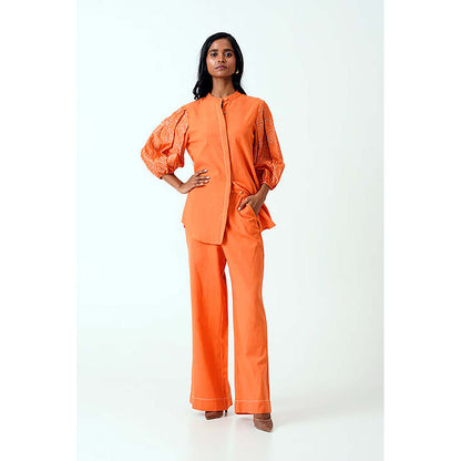 MADDER MUCH Sunset Orange Oba Set - Embroidered Sleeve Top + Pants