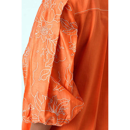 MADDER MUCH Sunset Orange Oba Set - Embroidered Sleeve Top + Pants