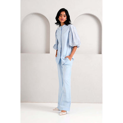 MADDER MUCH Cotton Blue Mandarin Neck Solid/Plain Top With Palazzo Co-Ord's