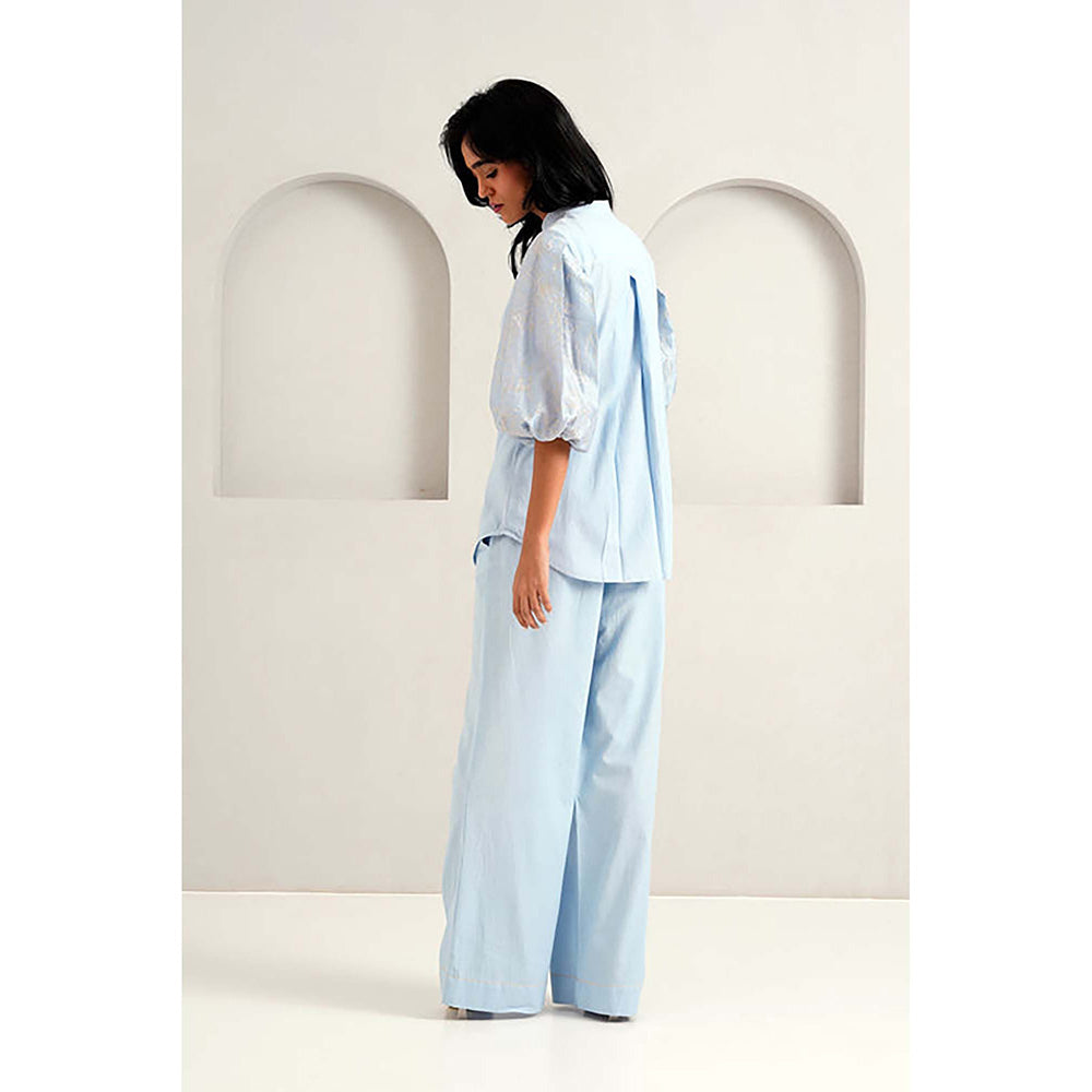 MADDER MUCH Cotton Blue Mandarin Neck Solid/Plain Top With Palazzo Co-Ord's