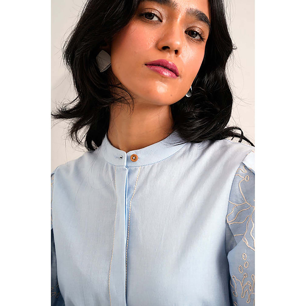 MADDER MUCH Cotton Blue Mandarin Neck Solid/Plain Top With Palazzo Co-Ord's