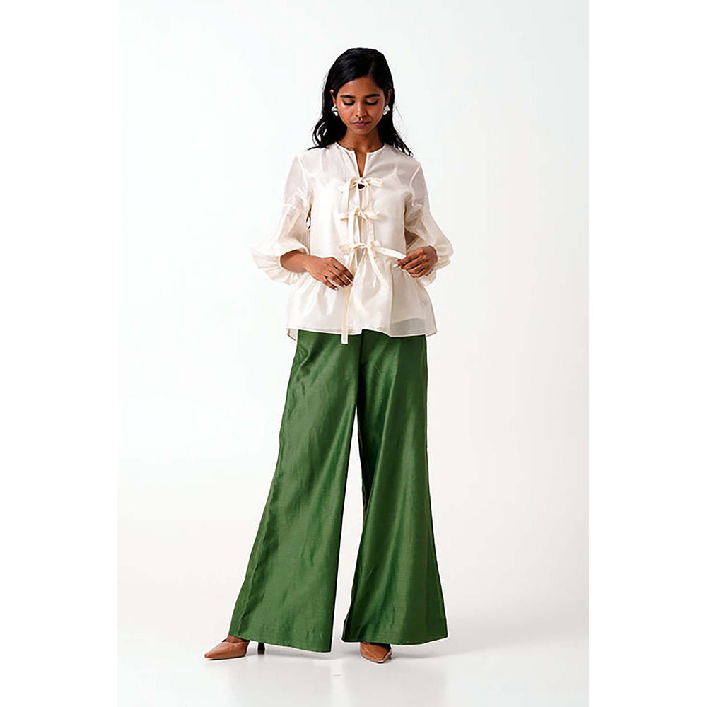 MADDER MUCH Ivory Toni Set - Multi Knot Peplum Top With Slip + Pine Green Pants