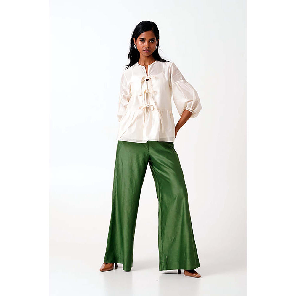 MADDER MUCH Ivory Toni Set - Multi Knot Peplum Top With Slip + Pine Green Pants