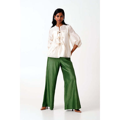 MADDER MUCH Ivory Toni Set - Multi Knot Peplum Top With Slip + Pine Green Pants