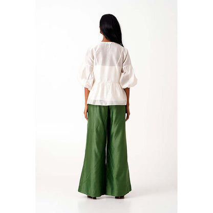 MADDER MUCH Ivory Toni Set - Multi Knot Peplum Top With Slip + Pine Green Pants