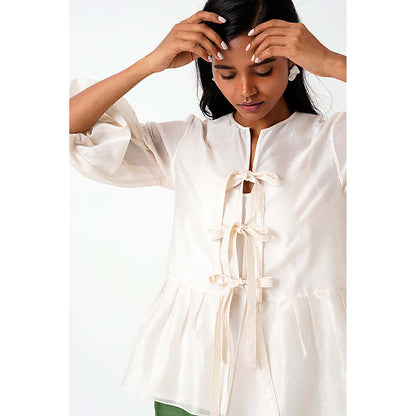 MADDER MUCH Ivory Toni Set - Multi Knot Peplum Top With Slip + Pine Green Pants