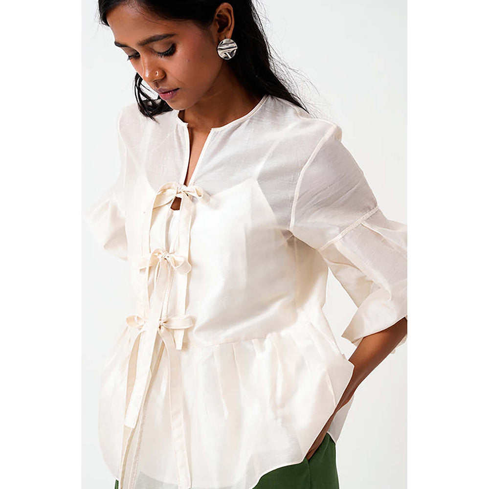 MADDER MUCH Ivory Toni Set - Multi Knot Peplum Top With Slip + Pine Green Pants