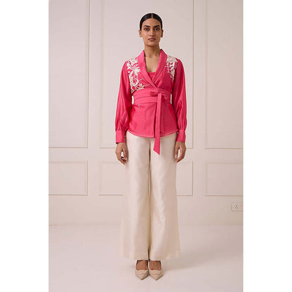 MADDER MUCH Cotton Pink V-Neck Floral Top With Pant And Belt Co-Ord's