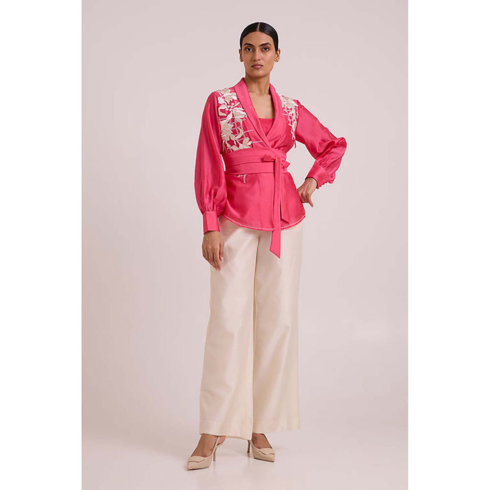 MADDER MUCH Cotton Pink V-Neck Floral Top With Pant And Belt Co-Ord's