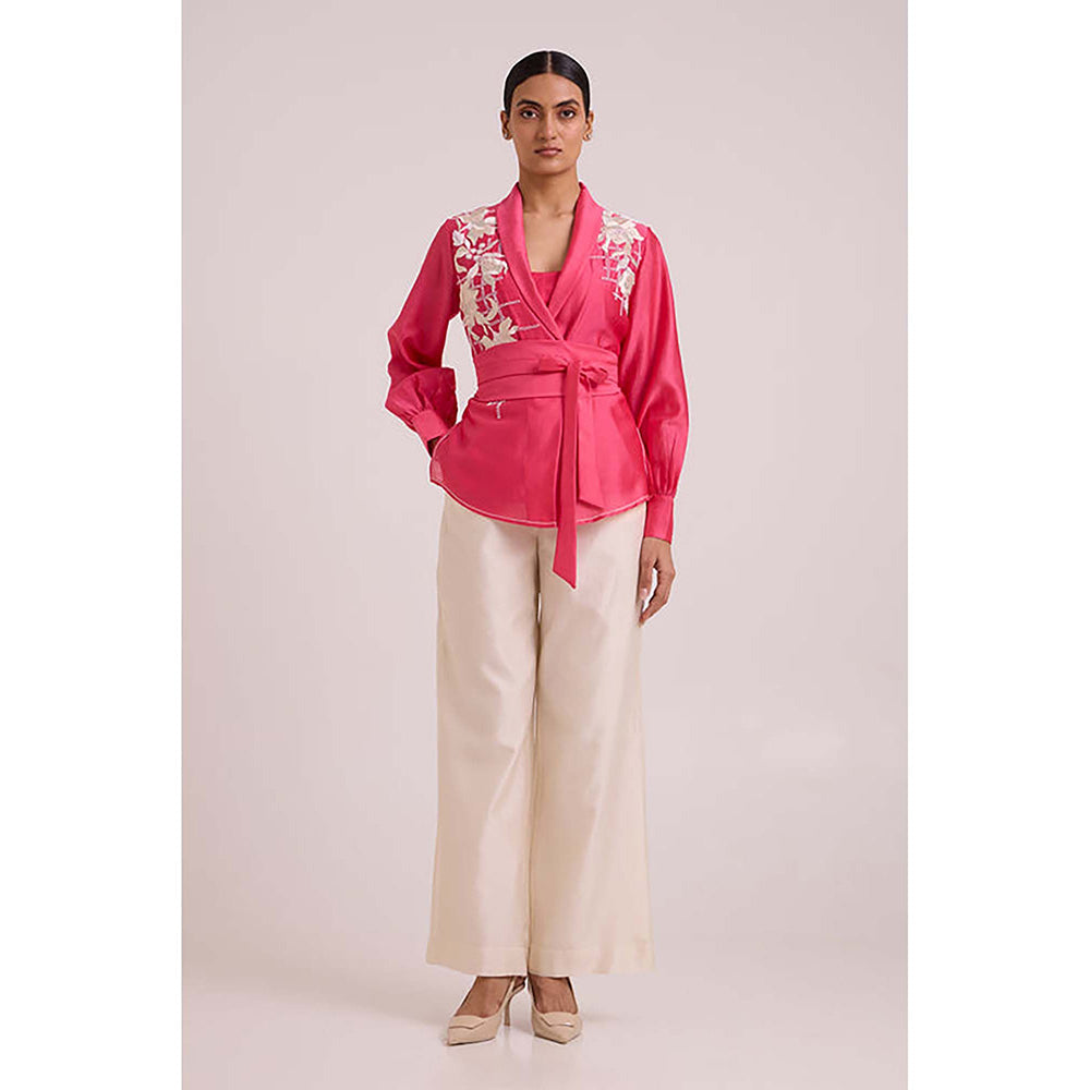 MADDER MUCH Cotton Pink V-Neck Floral Top With Pant And Belt Co-Ord's