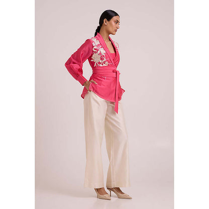 MADDER MUCH Cotton Pink V-Neck Floral Top With Pant And Belt Co-Ord's