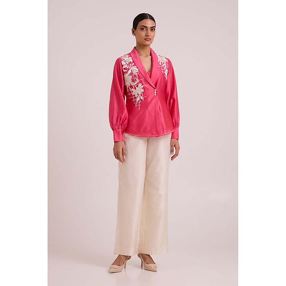 MADDER MUCH Cotton Pink V-Neck Floral Top With Pant And Belt Co-Ord's