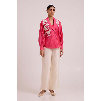 MADDER MUCH Cotton Pink V-Neck Floral Top With Pant And Belt Co-Ord's