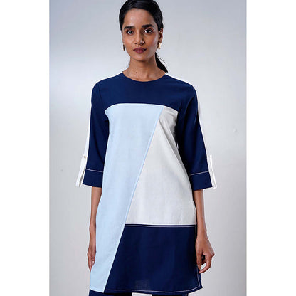 MADDER MUCH Navy Blue Cotton Crew Neck Colorblock Top With Pant