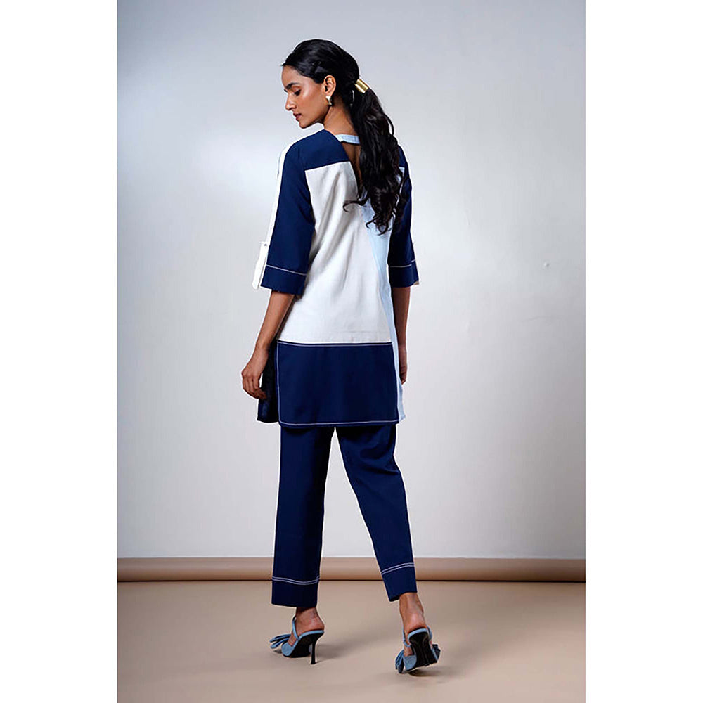 MADDER MUCH Navy Blue Cotton Crew Neck Colorblock Top With Pant