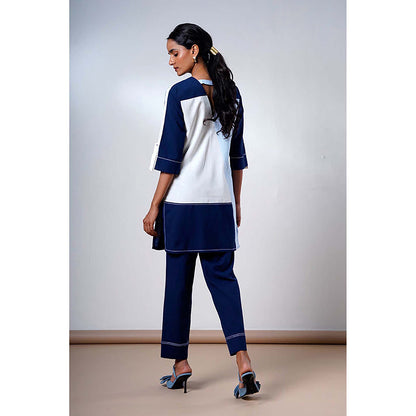 MADDER MUCH Navy Blue Cotton Crew Neck Colorblock Top With Pant
