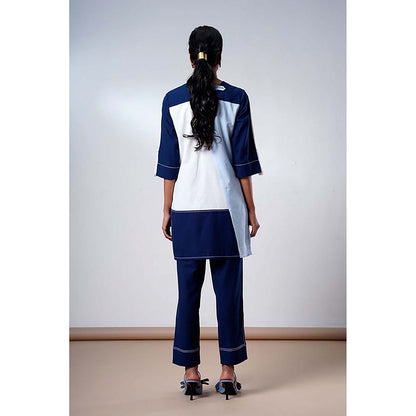 MADDER MUCH Navy Blue Cotton Crew Neck Colorblock Top With Pant