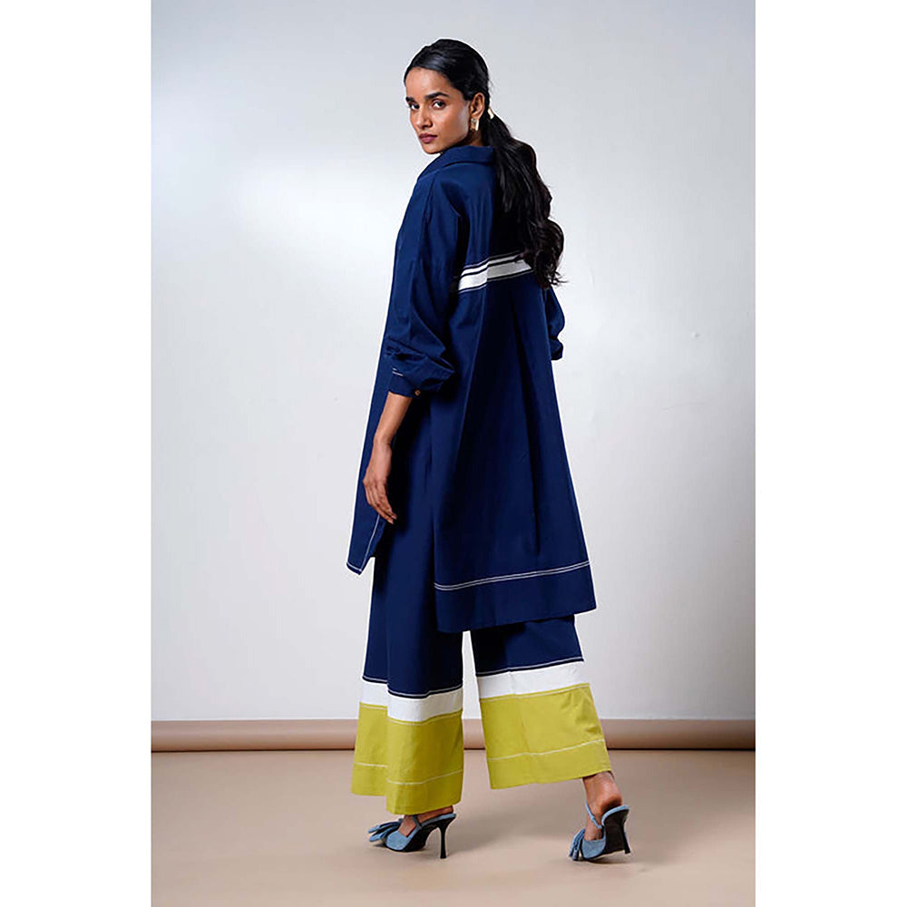 MADDER MUCH Indigo Cotton Collar Neck Colorblock Top With Pant