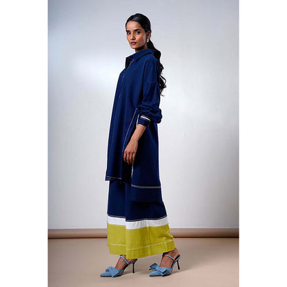 MADDER MUCH Indigo Cotton Collar Neck Colorblock Top With Pant