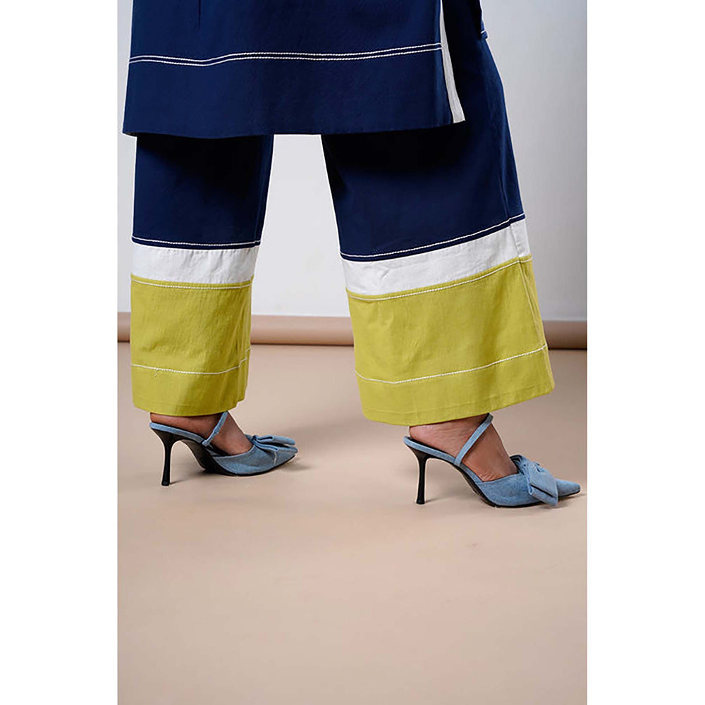 MADDER MUCH Indigo Cotton Collar Neck Colorblock Top With Pant