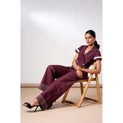 MADDER MUCH Brown Cotton V-Neck Solid/Plain Top With Pant