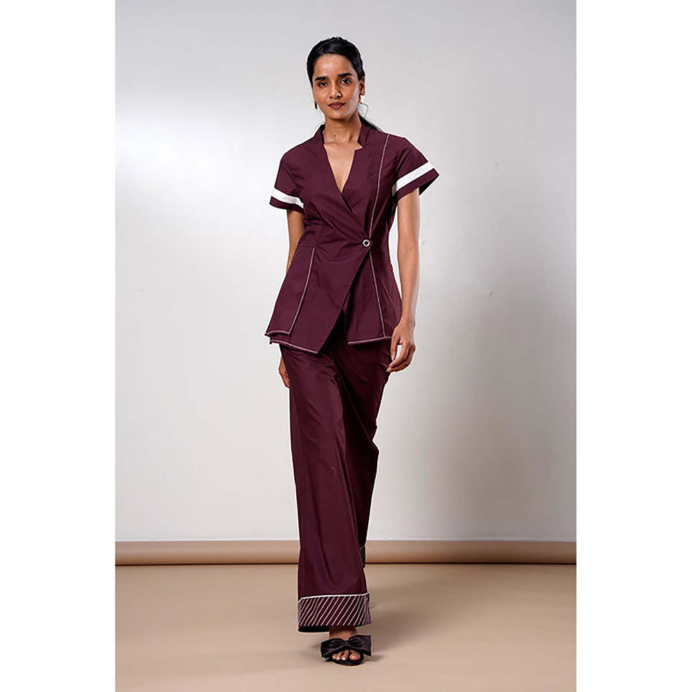 MADDER MUCH Brown Cotton V-Neck Solid/Plain Top With Pant