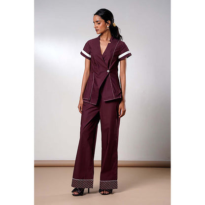 MADDER MUCH Brown Cotton V-Neck Solid/Plain Top With Pant