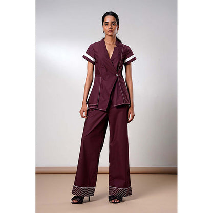 MADDER MUCH Brown Cotton V-Neck Solid/Plain Top With Pant