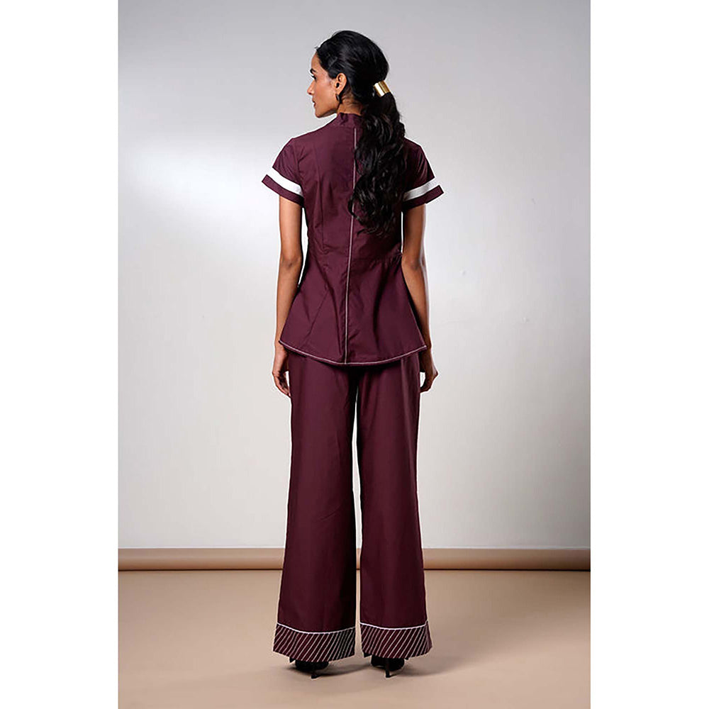 MADDER MUCH Brown Cotton V-Neck Solid/Plain Top With Pant