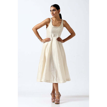 MADDER MUCH White Chanderi Square Neck Solid A-Line Midi Dress