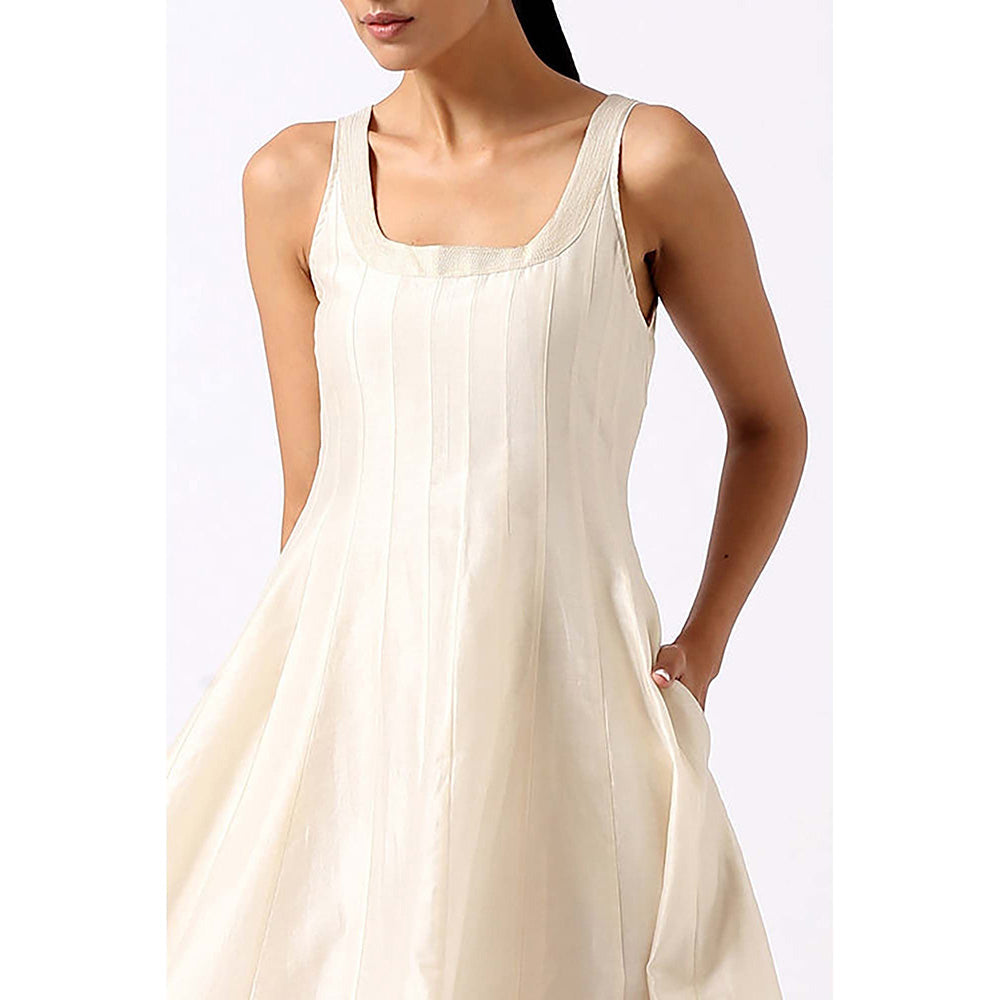 MADDER MUCH White Chanderi Square Neck Solid A-Line Midi Dress