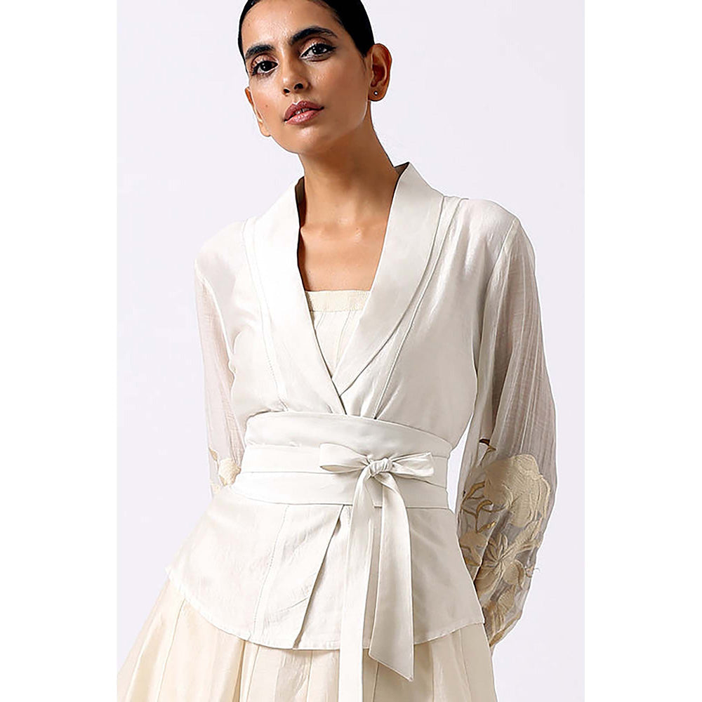 MADDER MUCH White Chanderi V-Neck Solid Fitted Midi Dress